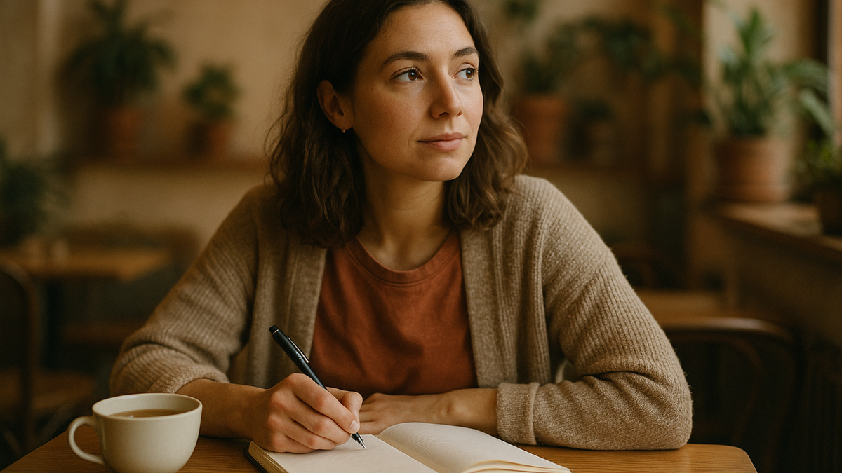 A woman journaling calmly at a cafe table, pausing in hopeful reflection
