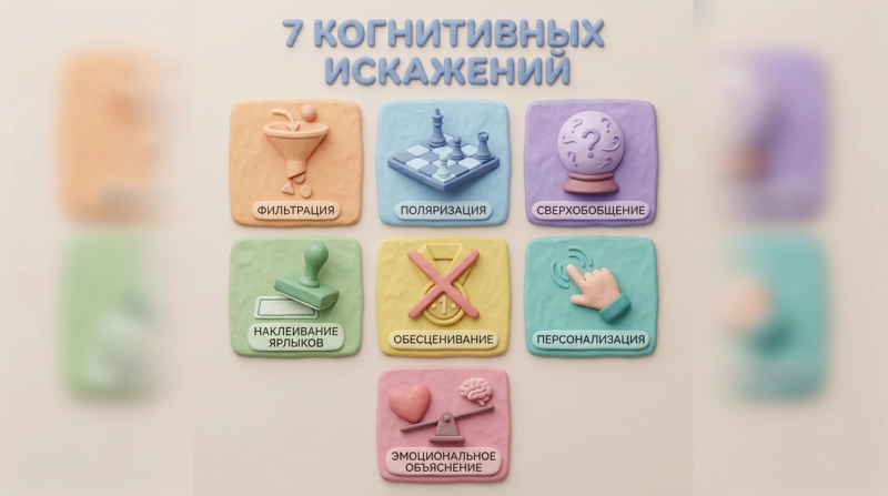 7 когнитивных искажений: катастрофизация, чёрно-белое мышление, чтение мыслей, сверхобобщение, обесценивание позитива, долженствования, эмоциональное обоснование — 3D-клэй инфографика