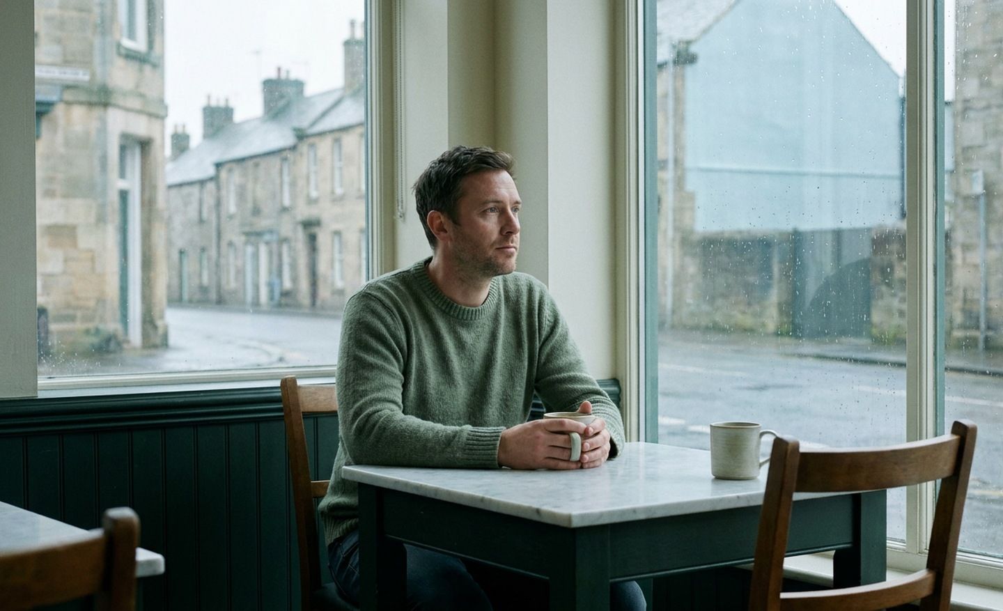 A man sitting alone at a cafe table by a window, looking away, an untouched second mug across from him