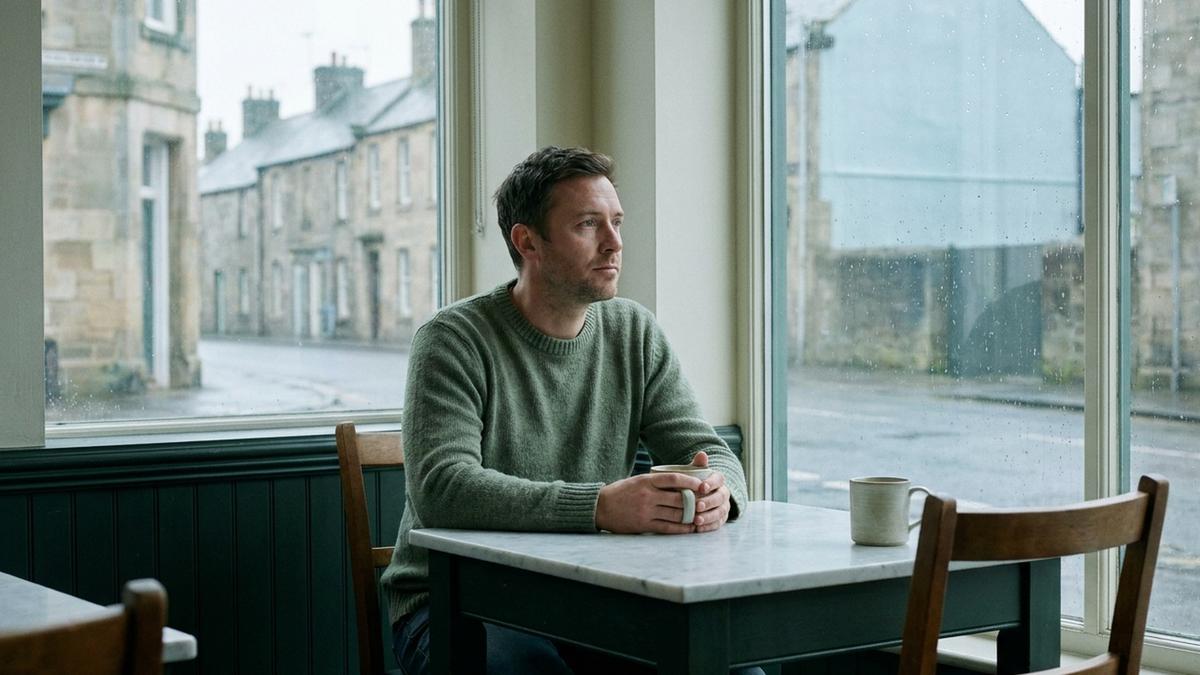 A man sitting alone at a cafe table by a window, looking away, an untouched second mug across from him