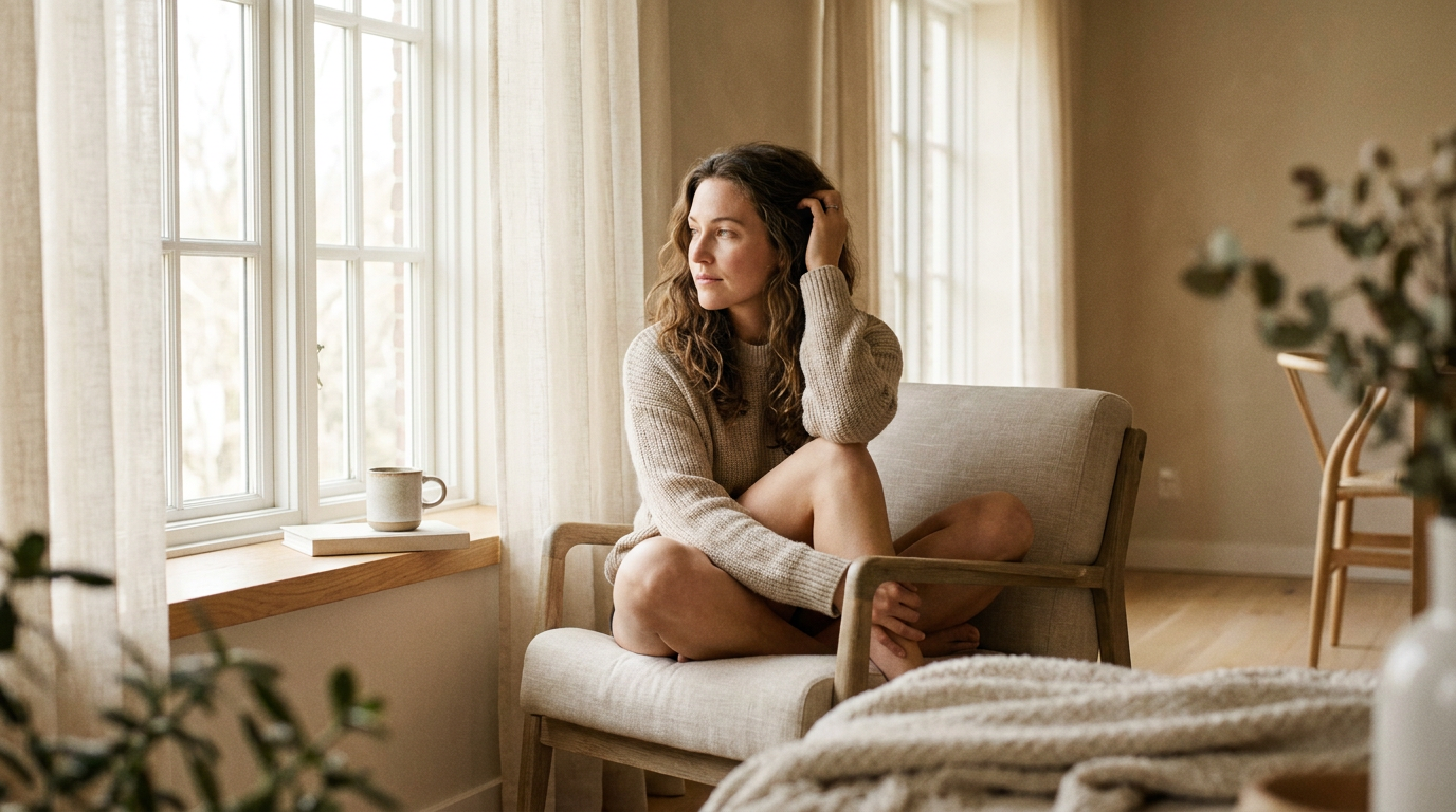 A calm woman running her fingers through her hair by a window — anxiety and hair loss