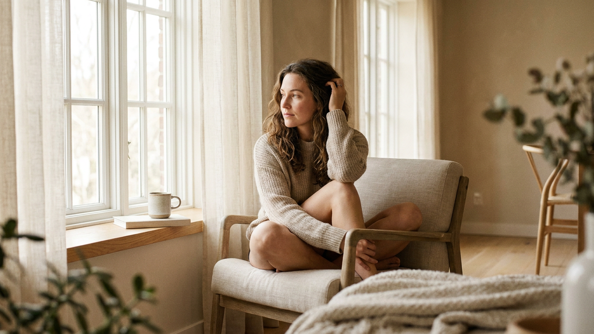A calm woman running her fingers through her hair by a window — anxiety and hair loss