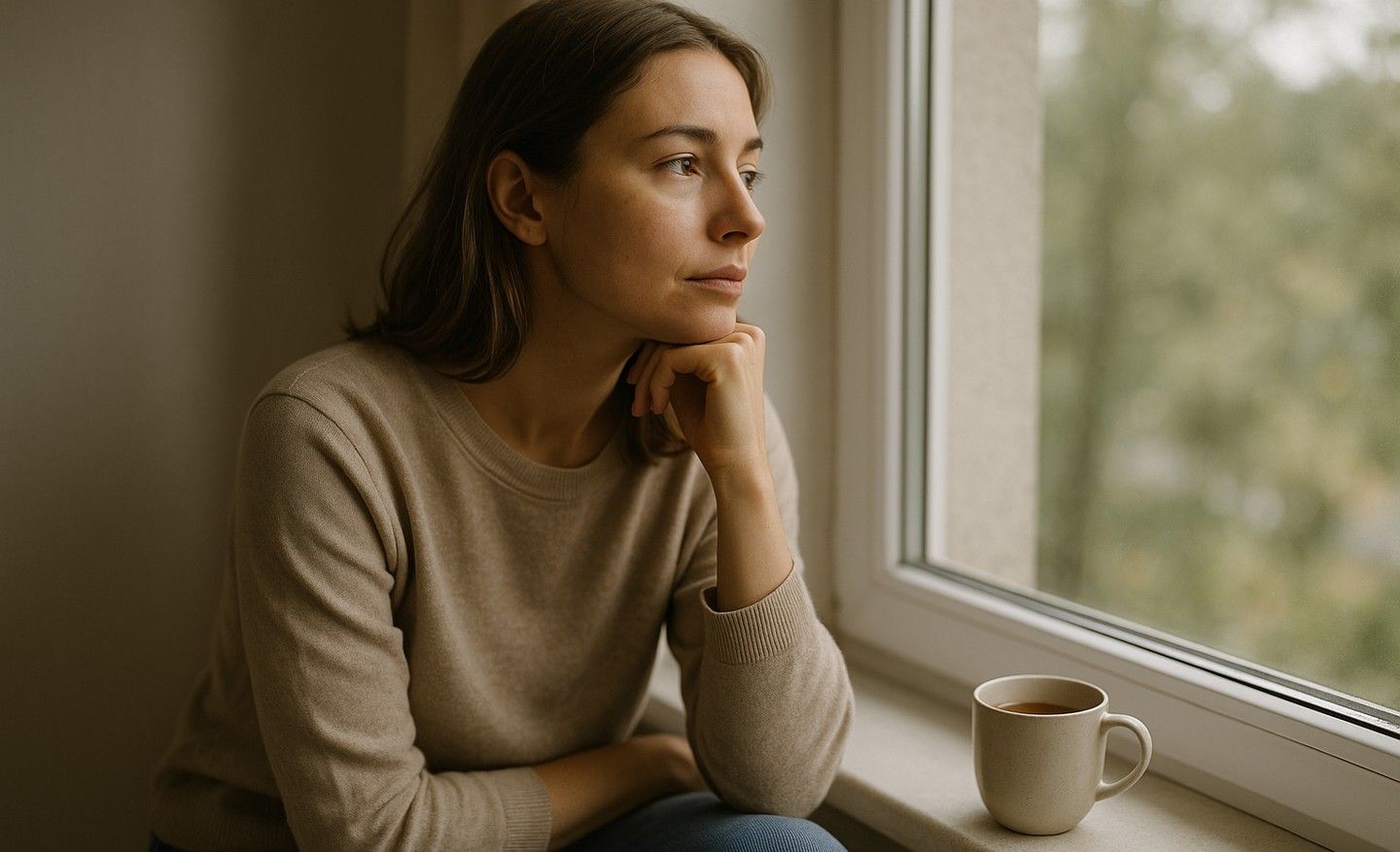 A thoughtful woman sitting by a window in soft morning light with a cup of tea, looking pensive