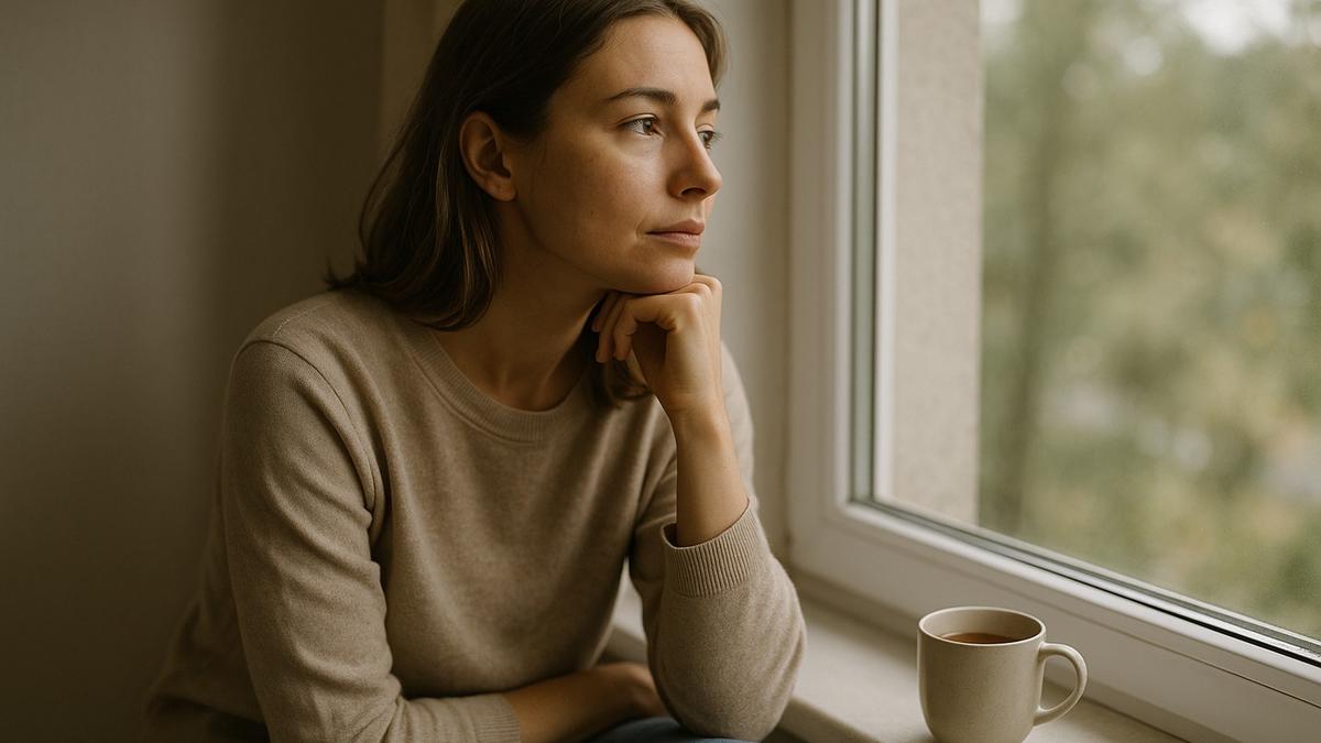 A thoughtful woman sitting by a window in soft morning light with a cup of tea, looking pensive