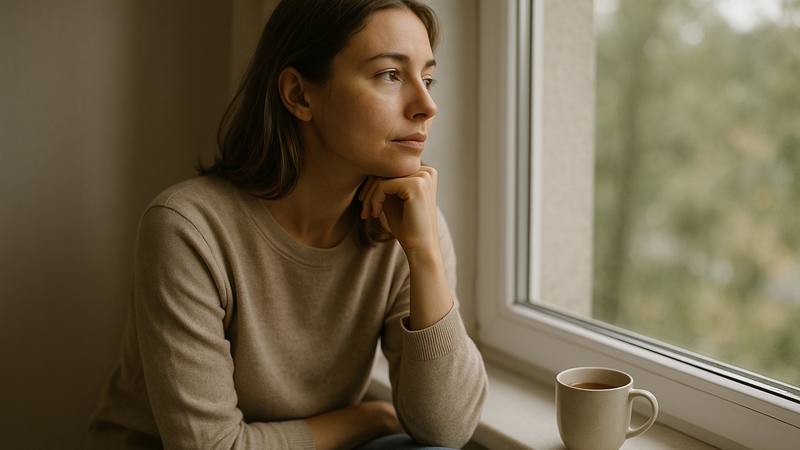 A thoughtful woman sitting by a window in soft morning light with a cup of tea, looking pensive