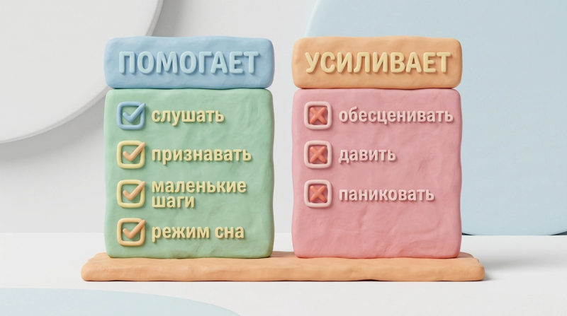 Что помогает и что усиливает тревогу подростка: слушать, признавать чувства, режим сна против обесценивать, решать за него, давить — чек-лист, 3D-клэй иллюстрация