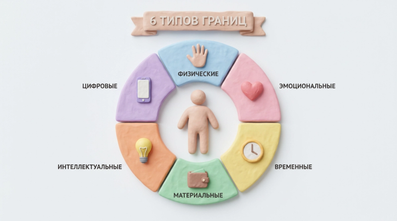 6 типов личных границ: физические, эмоциональные, временные, материальные, интеллектуальные и цифровые — 3D-клэй инфографика