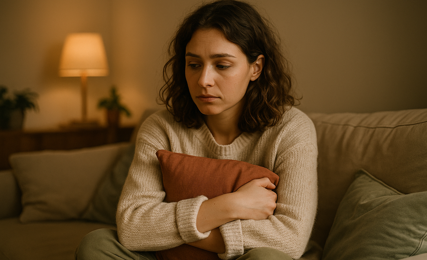 A woman sitting on a sofa hugging a cushion, looking pensive and self-doubting