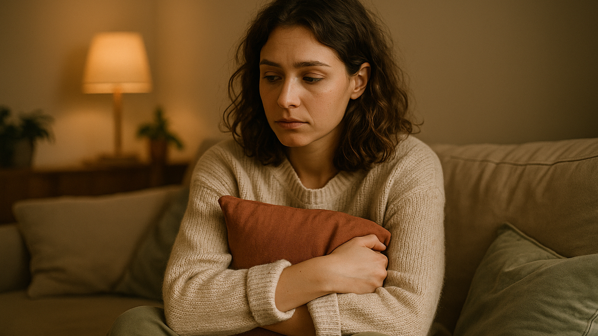 A woman sitting on a sofa hugging a cushion, looking pensive and self-doubting