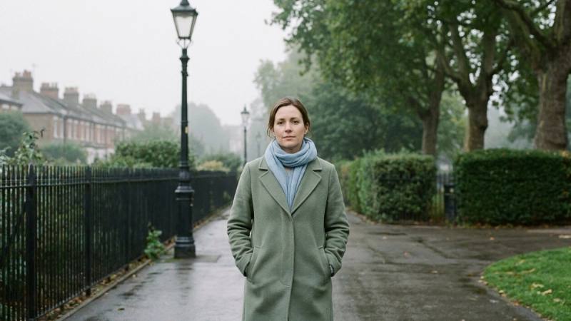 A woman walking along a path in a British park on an overcast morning