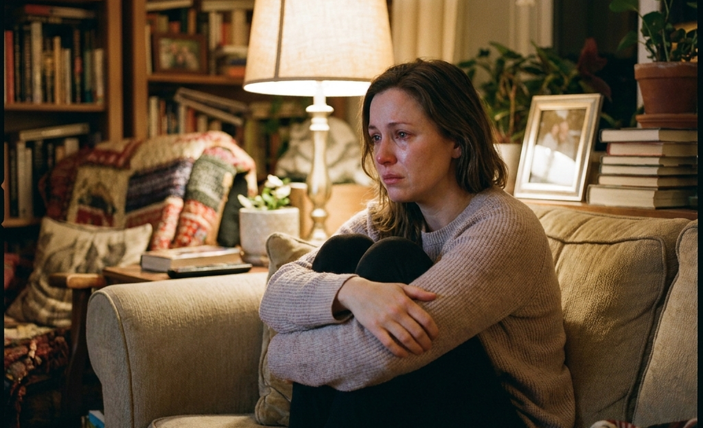 Woman sitting alone on couch feeling divorce stress symptoms