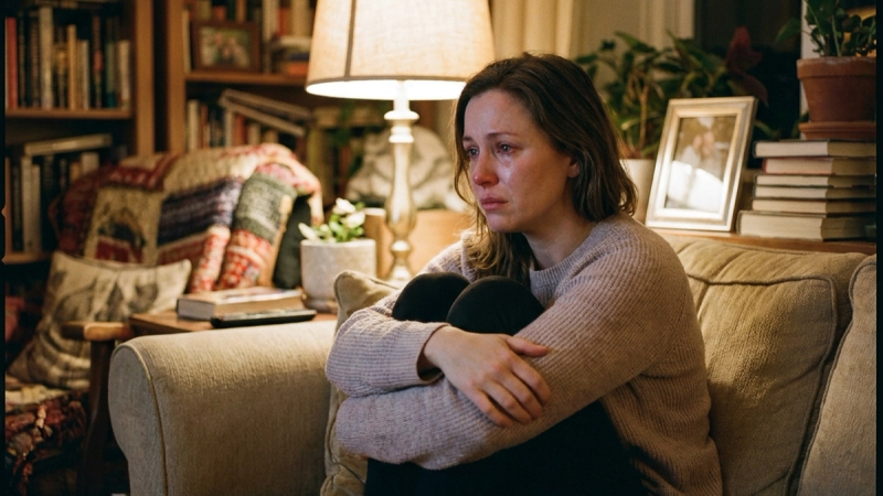 Woman sitting alone on couch feeling divorce stress symptoms