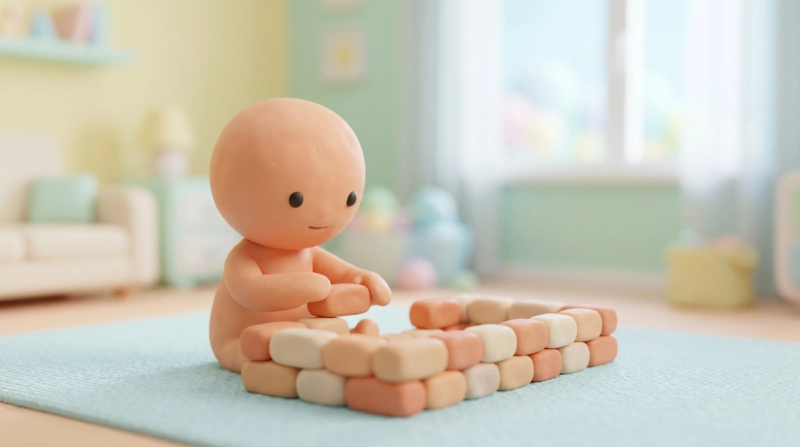 клэй-игрушечный персонаж с персиковой кожей и минимальным сосредоточенным лицом сидит на полу светлой пастельной комнаты и бережно, по одному, укладывает мягкие округлые кирпичики в ровный устойчивый фундамент под собой; кирпичики тёплых персиковых и молочных тонов — метафора того, что прочная опора складывается из маленьких повторяемых шагов