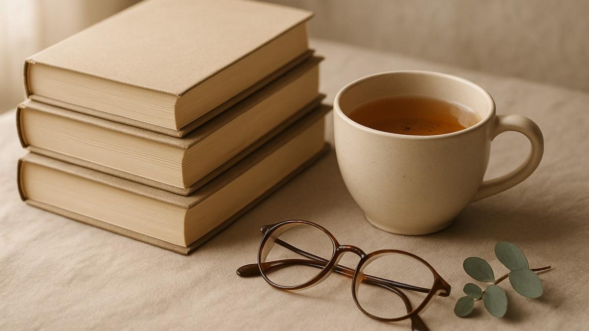 A small stack of books on relationship anxiety beside a warm cup of tea in soft morning light