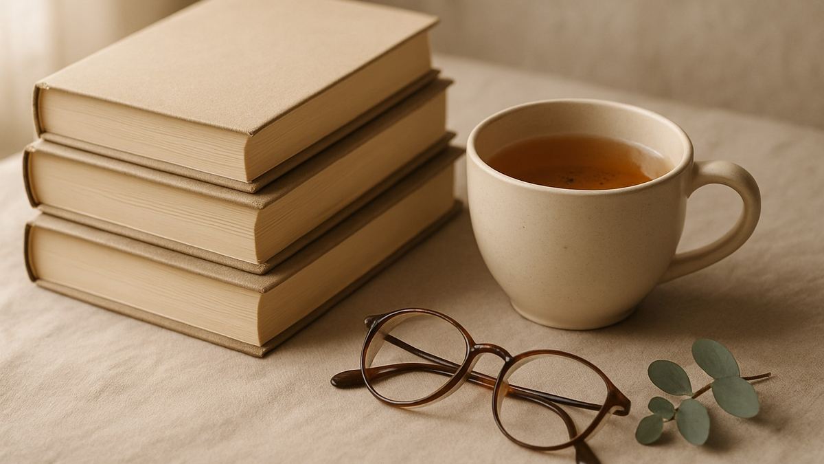 A small stack of books on relationship anxiety beside a warm cup of tea in soft morning light