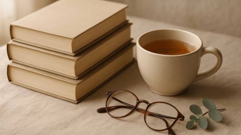 A small stack of books on relationship anxiety beside a warm cup of tea in soft morning light