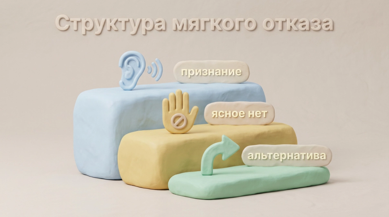 Структура мягкого отказа: признание, ясное «нет», альтернатива — три ступени, 3D-клэй иллюстрация
