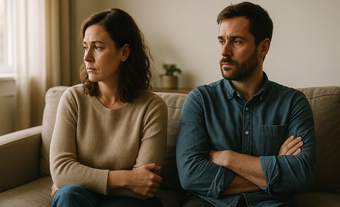 Couple on a couch with quiet emotional distance — relationship stress