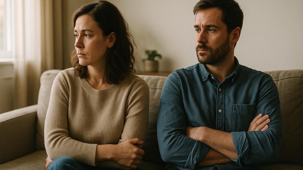 Couple on a couch with quiet emotional distance — relationship stress