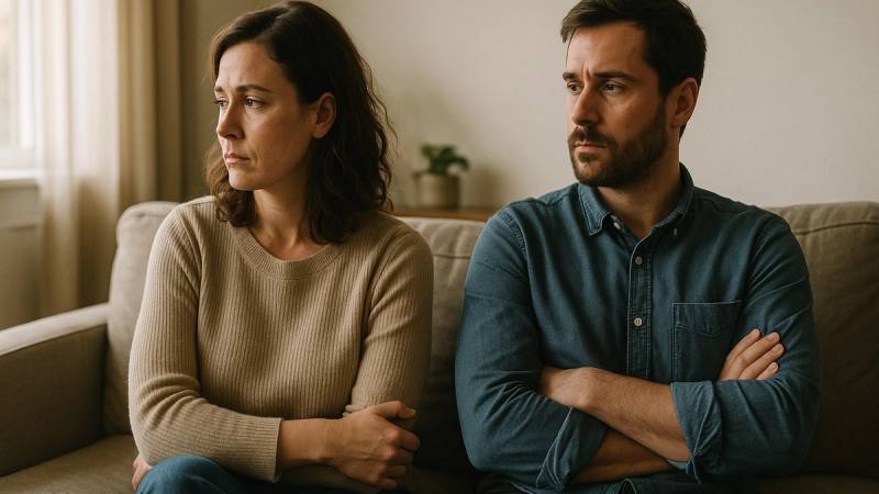 Couple on a couch with quiet emotional distance — relationship stress