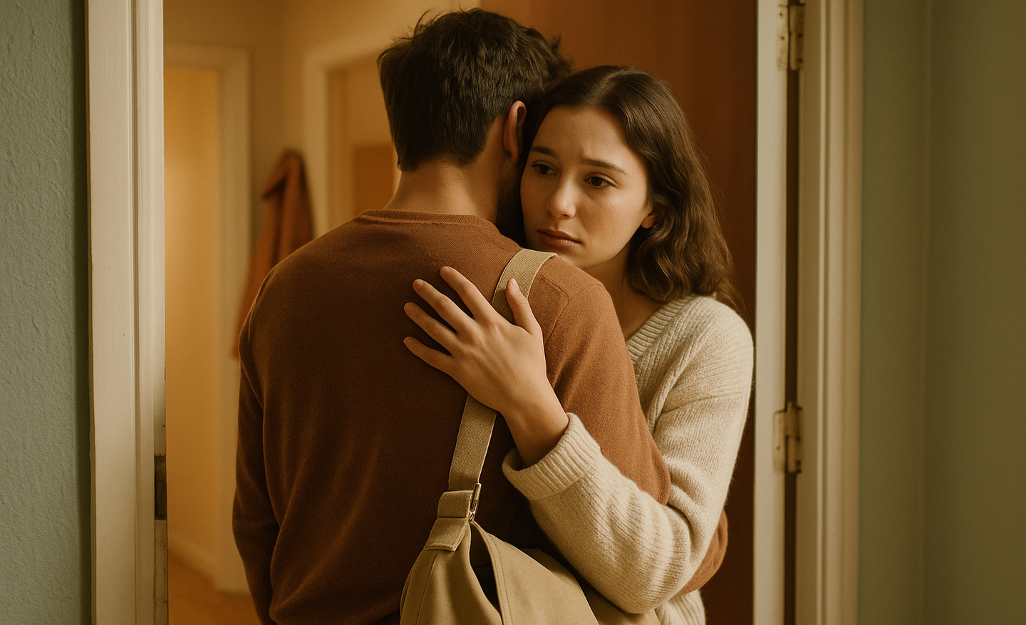 A couple sharing a lingering goodbye embrace in an apartment doorway