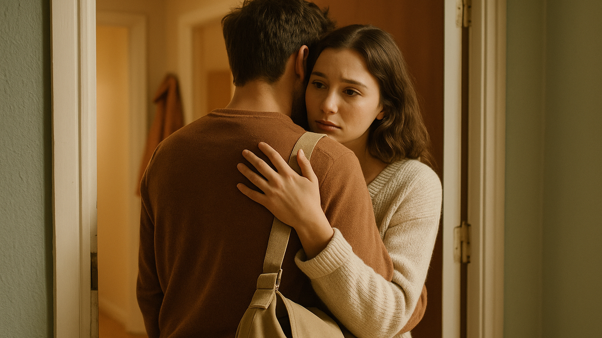 A couple sharing a lingering goodbye embrace in an apartment doorway
