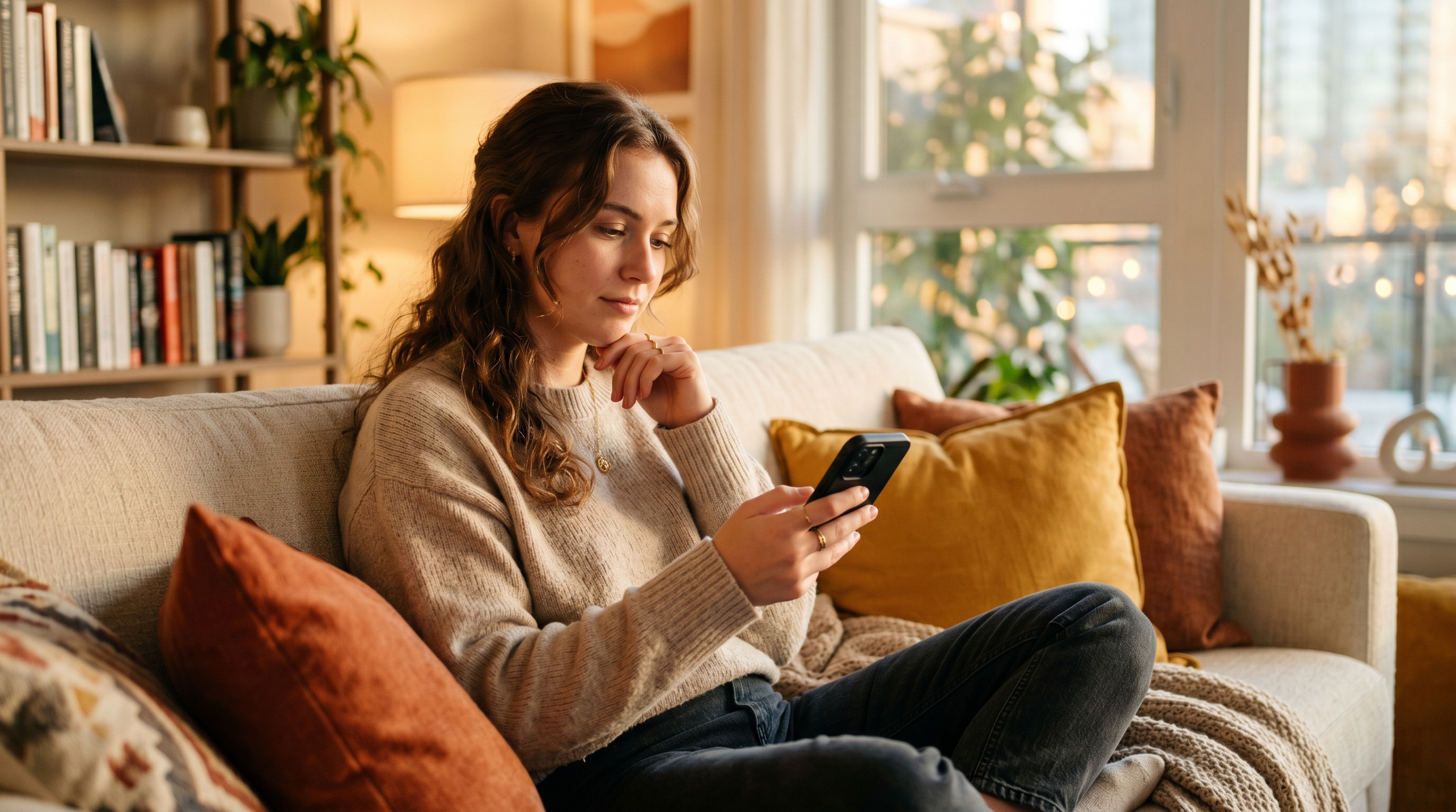 New Relationship Anxiety — woman sitting on couch looking at phone
