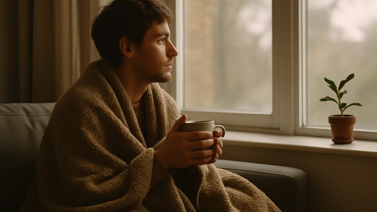 A person sitting quietly by a window with a warm mug, in soft daylight — solitude and quiet reflection