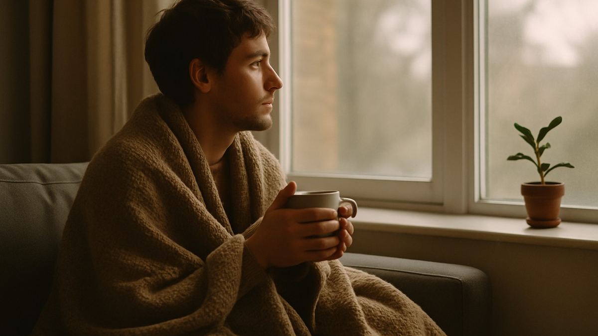 A person sitting quietly by a window with a warm mug, in soft daylight — solitude and quiet reflection