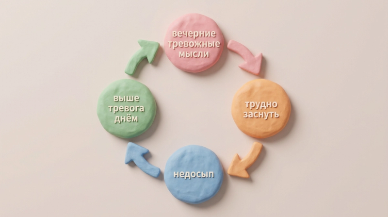 Порочный круг тревоги и бессонницы: тревожные мысли вечером — трудно заснуть — недосып — выше тревожность днём. 3D-клэй инфографика