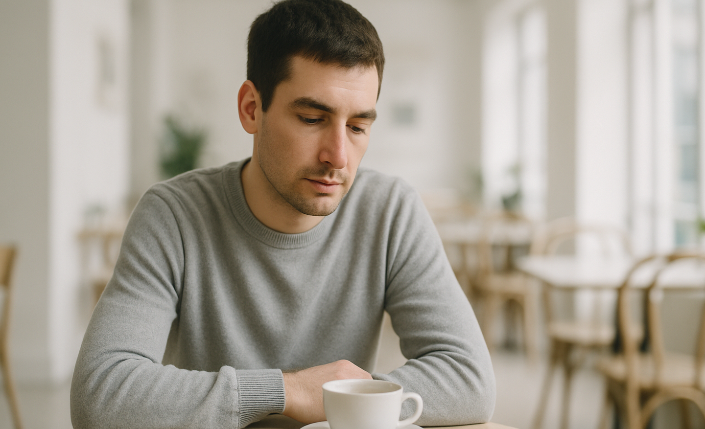 A young man at a cafe table with a coffee cup, looking down and pensive