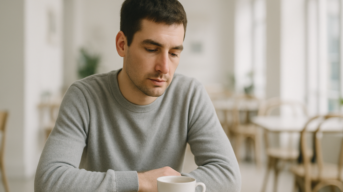 A young man at a cafe table with a coffee cup, looking down and pensive