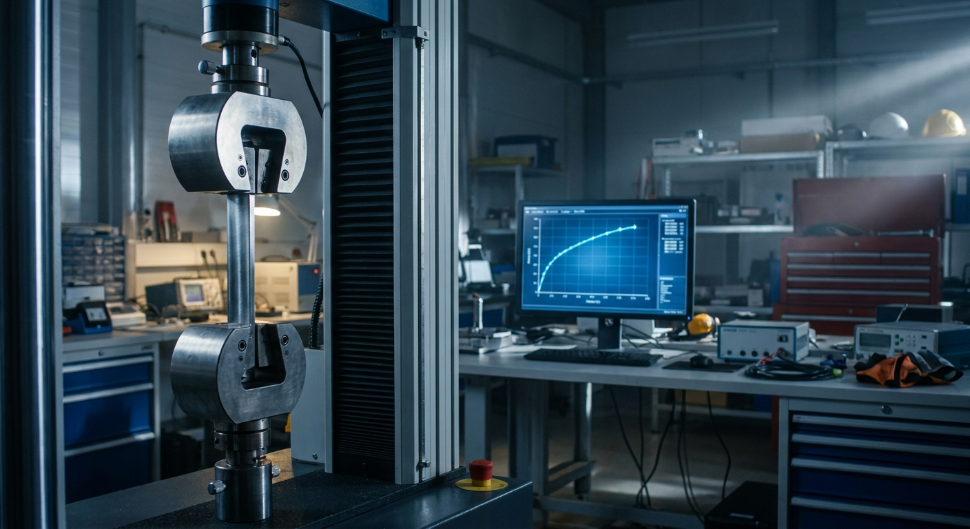 Engineering laboratory with tensile testing machine showing stress-strain analysis
