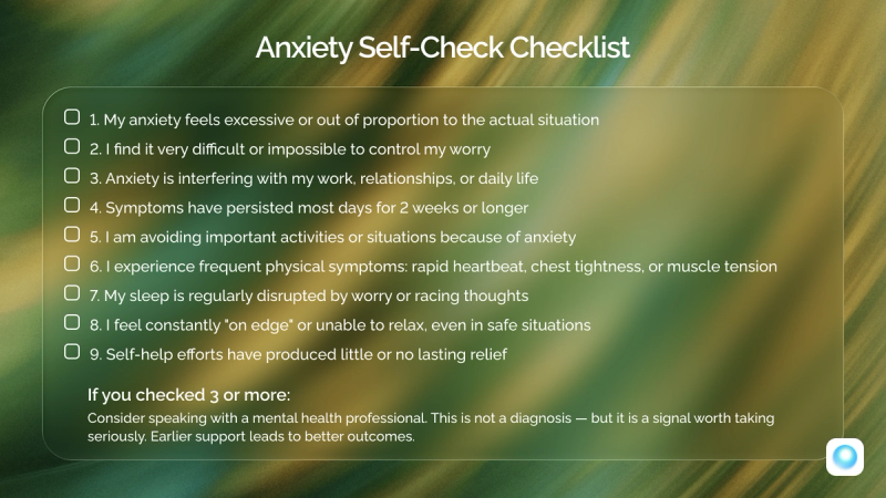 Infographic "Checklist: signs of clinical anxiety" — 9 items with checkboxes, conclusion if 3+ checked.