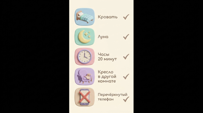 Правила контроля стимулов: кровать только для сна, ложиться при сонливости, встать через 20 минут, без телефона — чек-лист, 3D-клэй иллюстрация