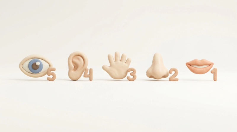 Техника заземления «5-4-3-2-1» — пять органов чувств с цифрами, 3D-клэй иллюстрация
