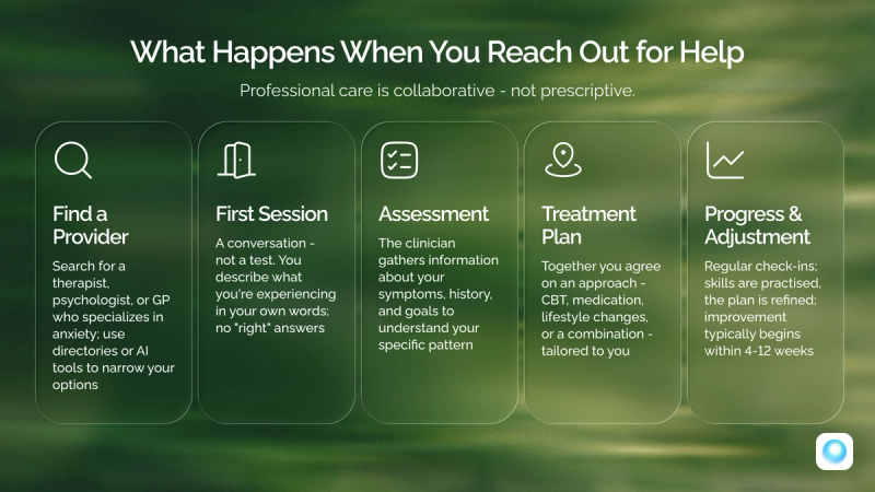Infographic "Path to professional help" — 5 steps: finding a specialist → first session → assessment → treatment plan → progress.