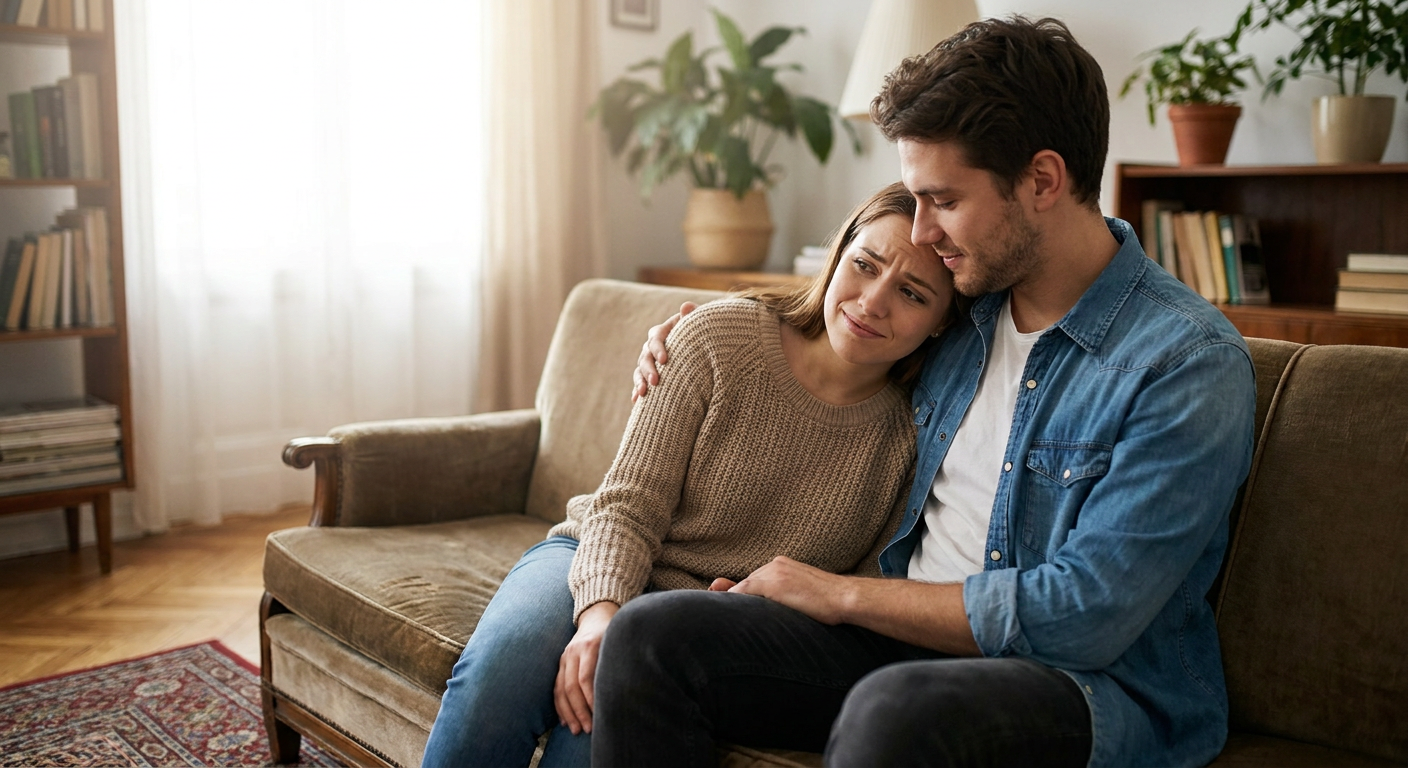Couple sitting together on couch overcoming relationship anxiety