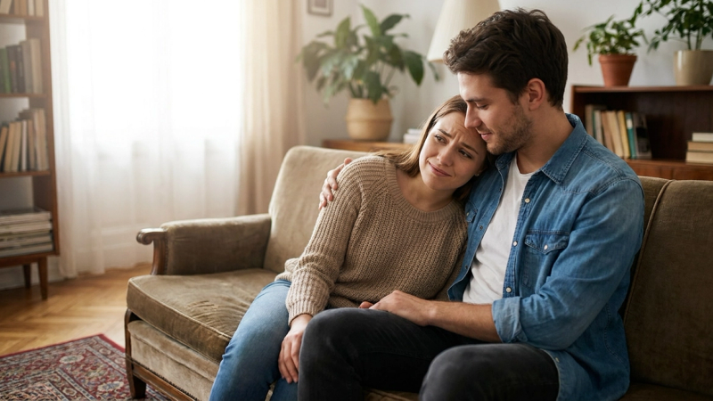 Couple sitting together on couch overcoming relationship anxiety