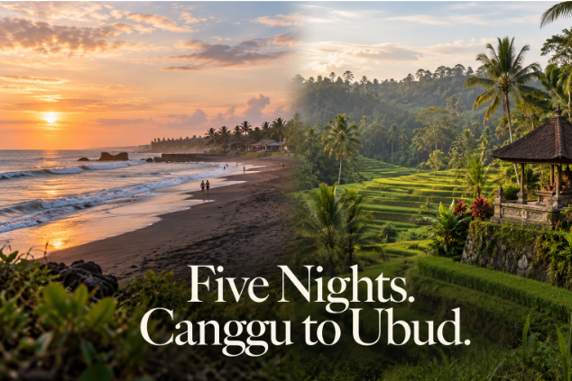 Five-night Bali itinerary featuring two nights in Canggu and three in Ubud, with cafés, coastal experiences, cultural attractions, and a relaxing private villa stay.