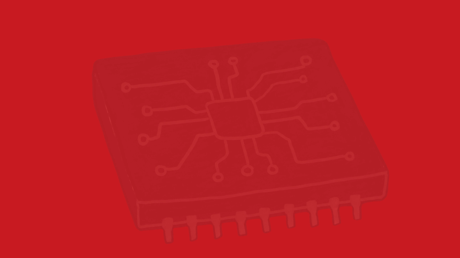 Ilustração vermelha de um chip semicondutor com pistas de circuito, capa do Benchmark de Longevidade de Semicondutores 2026 da Detus