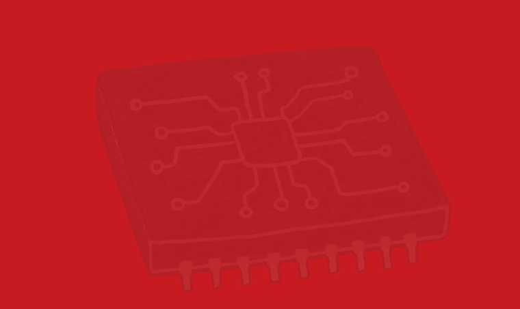 Red illustration of a semiconductor chip with circuit traces, cover of the Detus Semiconductor Longevity Benchmark 2026