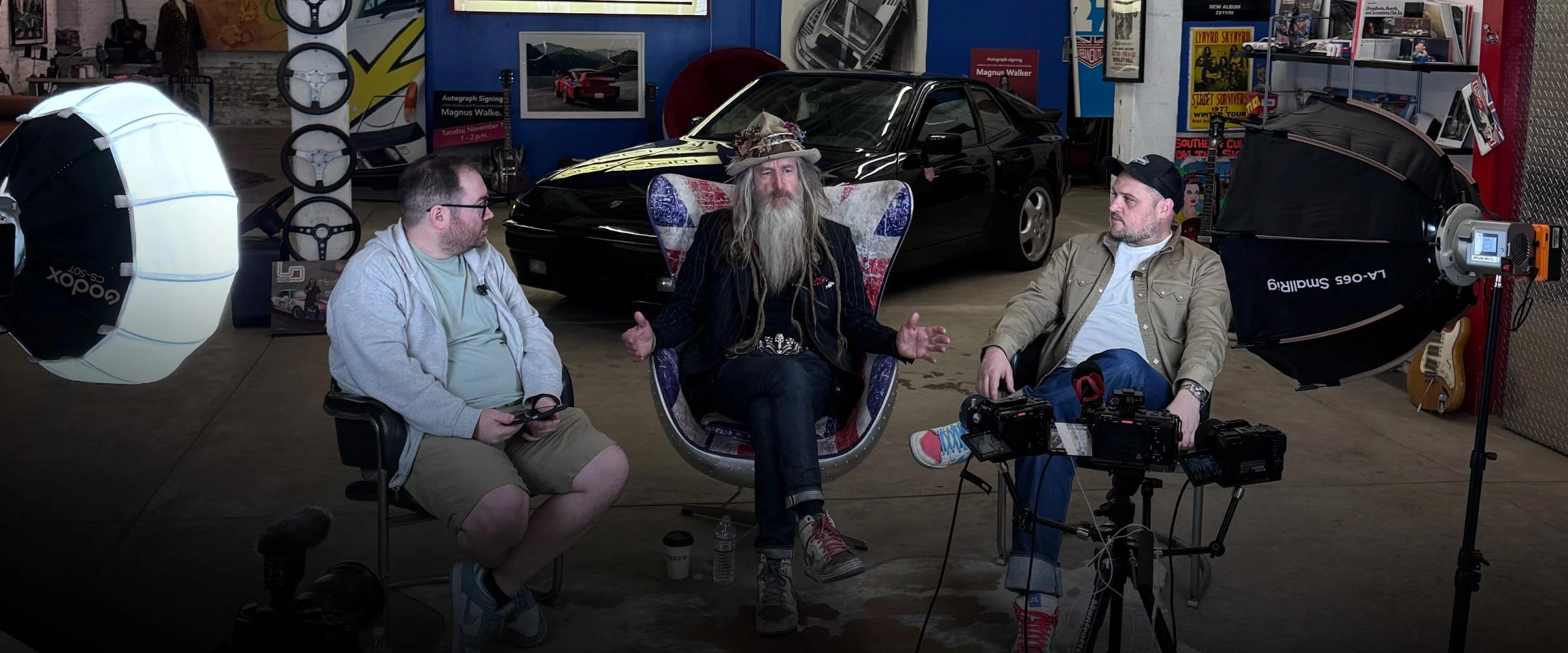 Magnus Walker in the garage for Off The Clock with Watch Gang