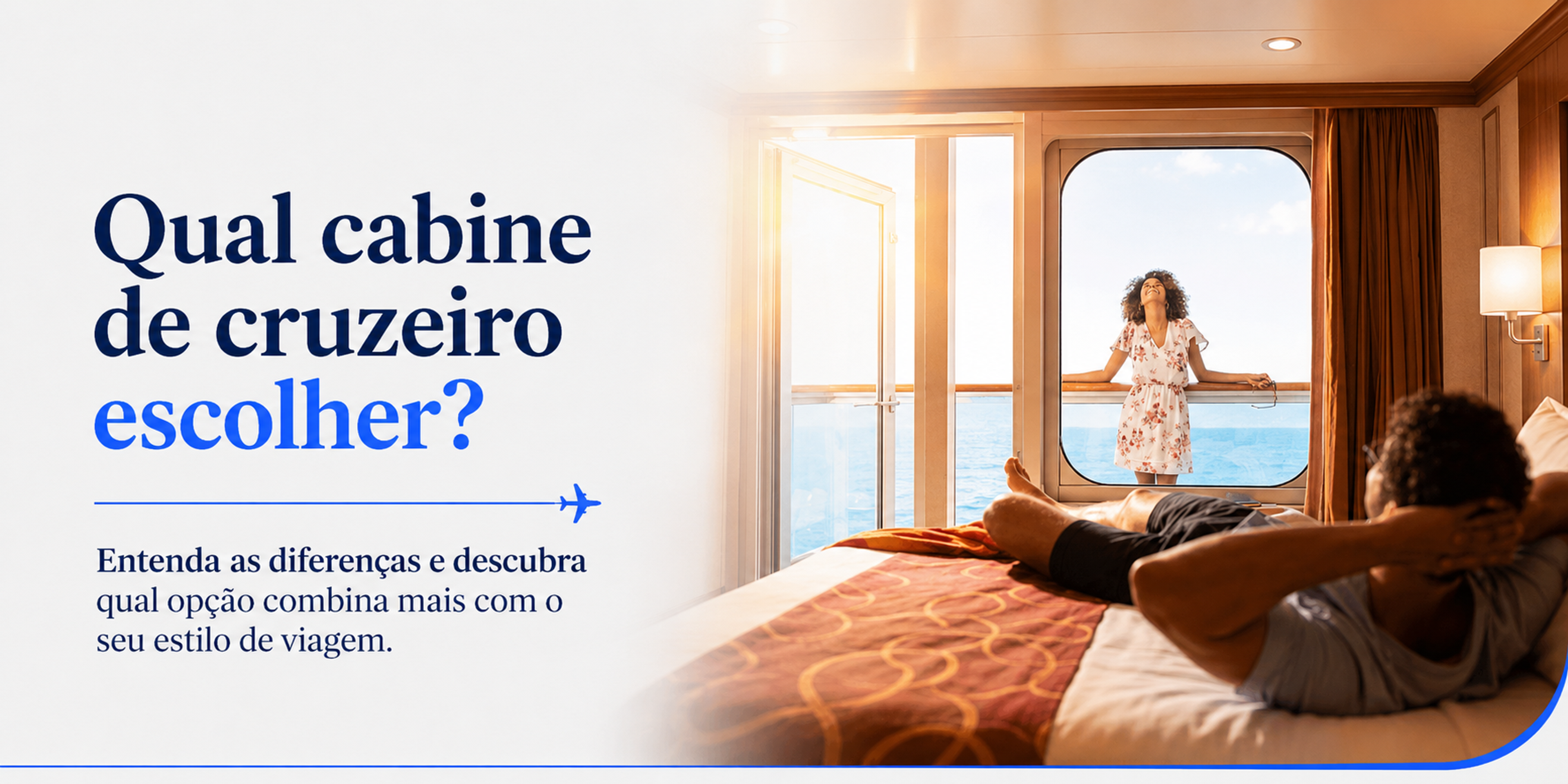 Cabine de cruzeiro com varanda privativa, cama e vista para o mar.
