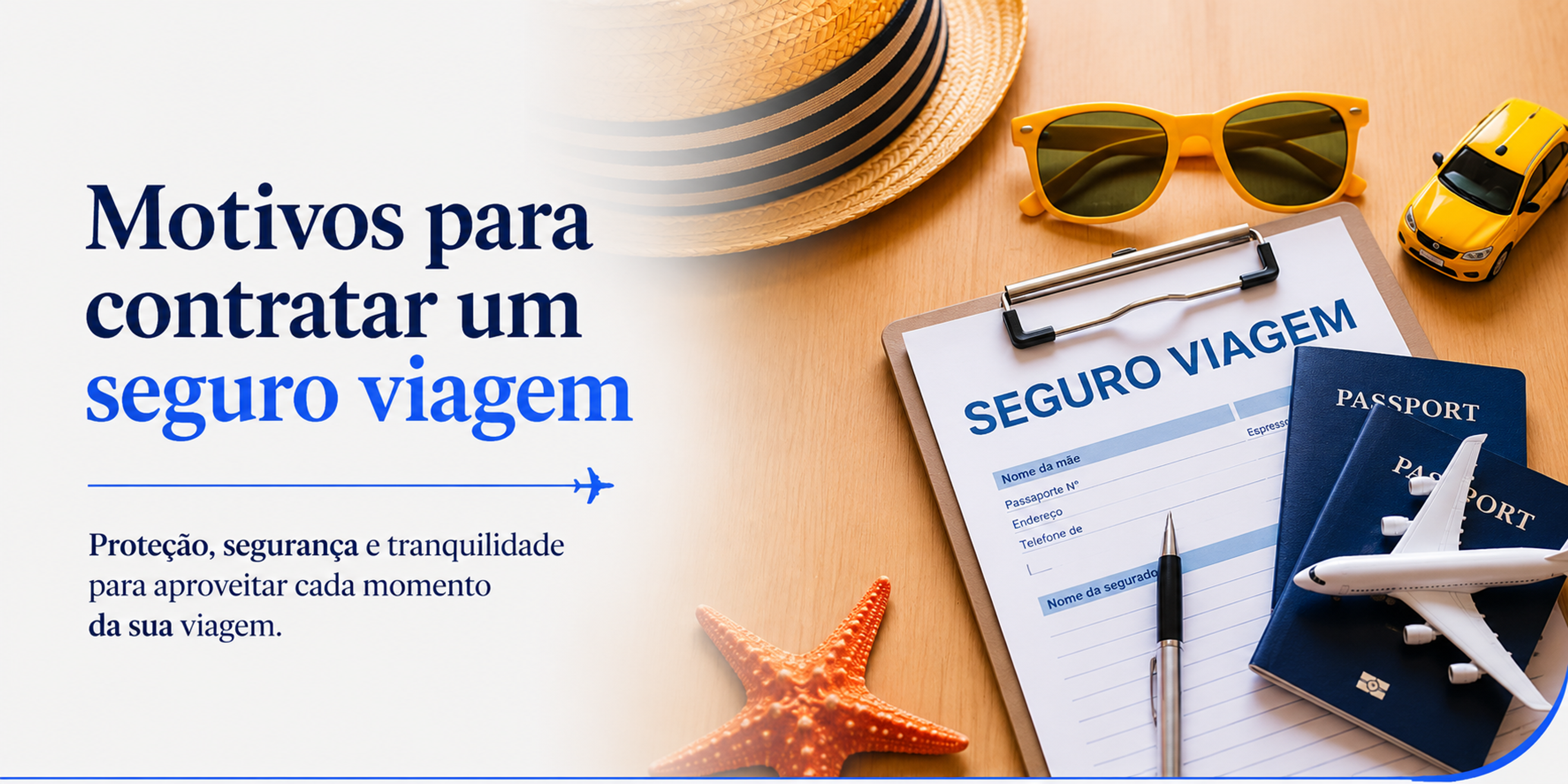 Casal planejando uma viagem com passaportes, formulário de seguro viagem e acessórios de turismo, representando a importância da proteção durante viagens nacionais e internacionais.