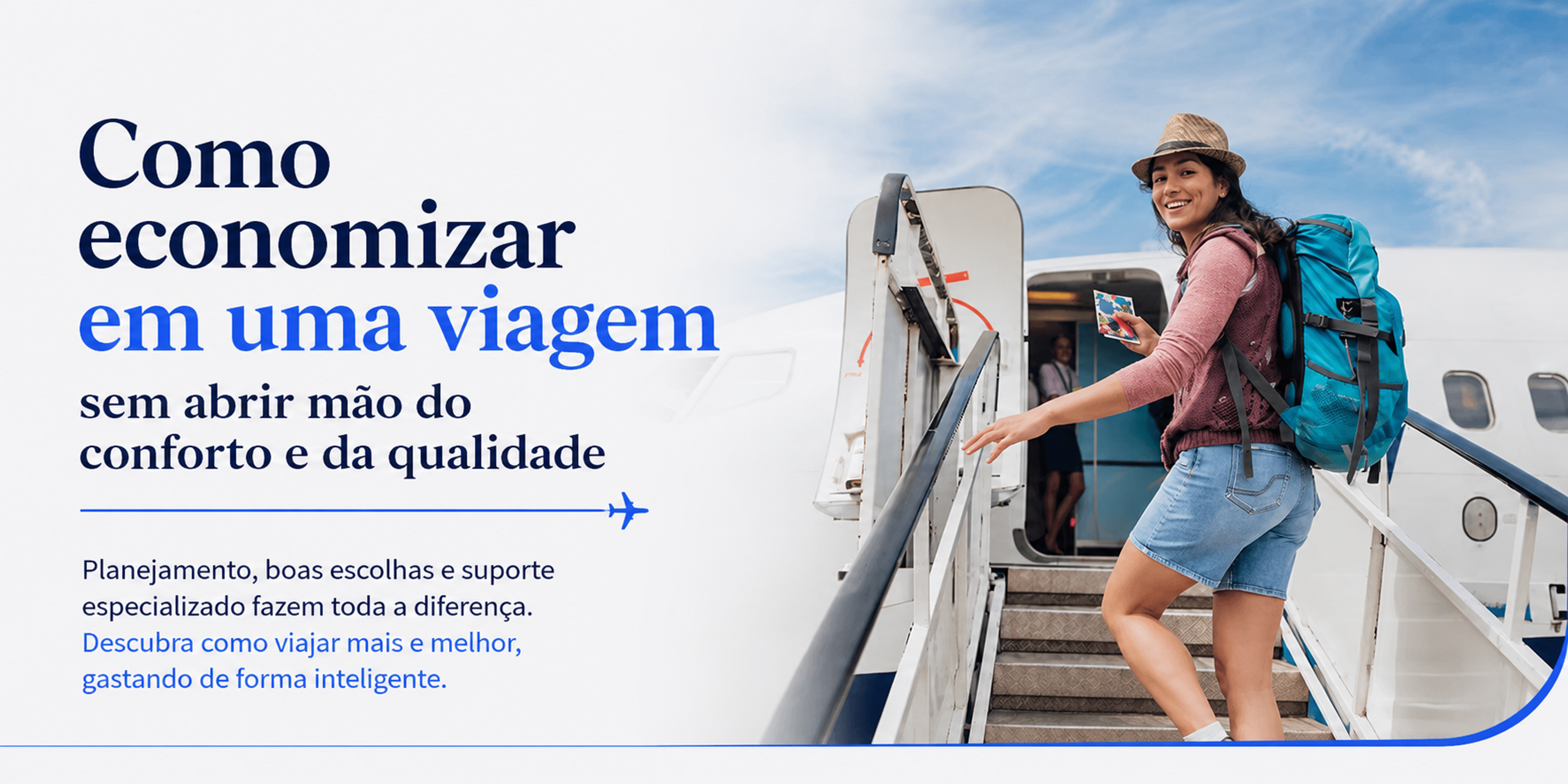 Mulher planejando uma viagem com passaportes, mochila e documentos enquanto sobe no avião.