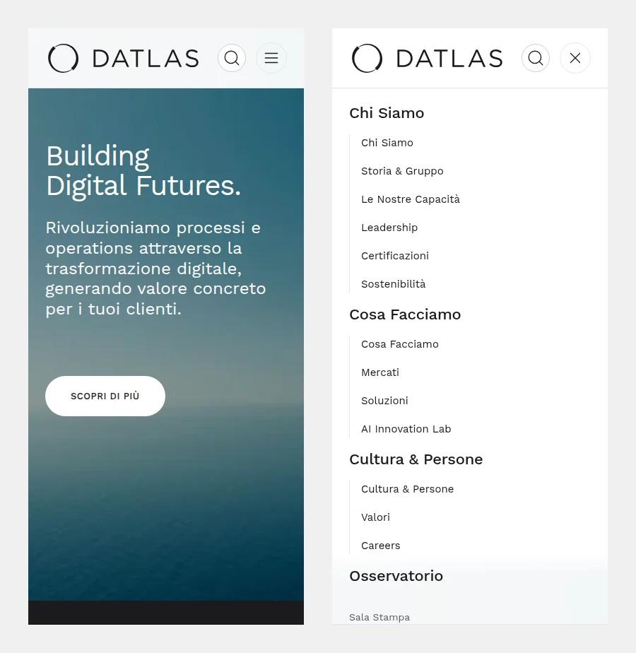 Versione mobile del sito Datlas: home page e menu di navigazione aperto