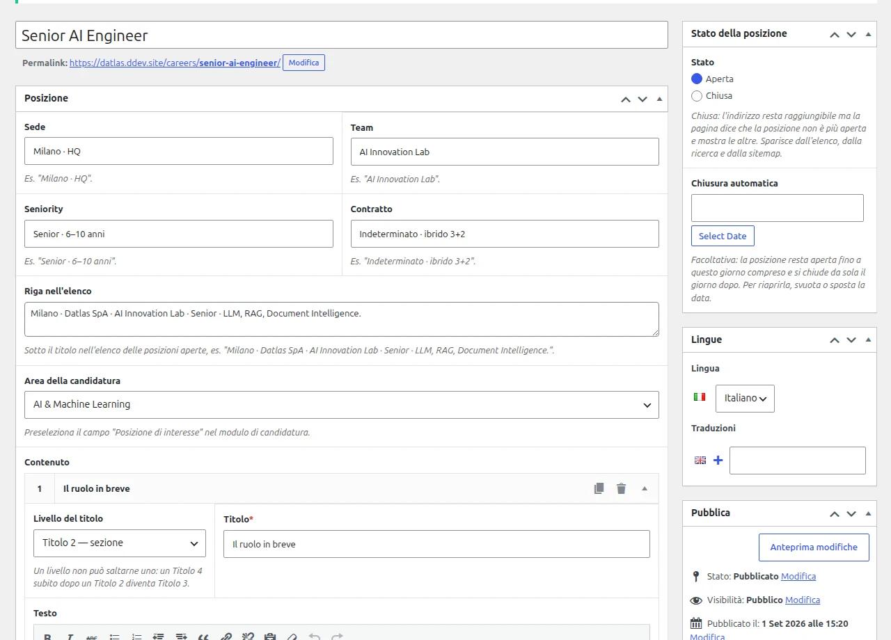 Scheda di modifica di una posizione aperta nel backend: campi sede, team, seniority, contratto, area della candidatura e box stato