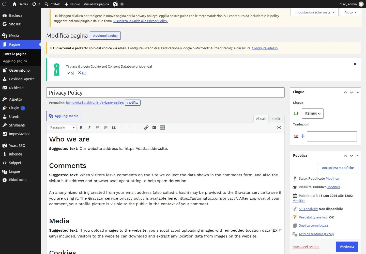 Template essenziale con editor classico di WordPress usato per la privacy policy