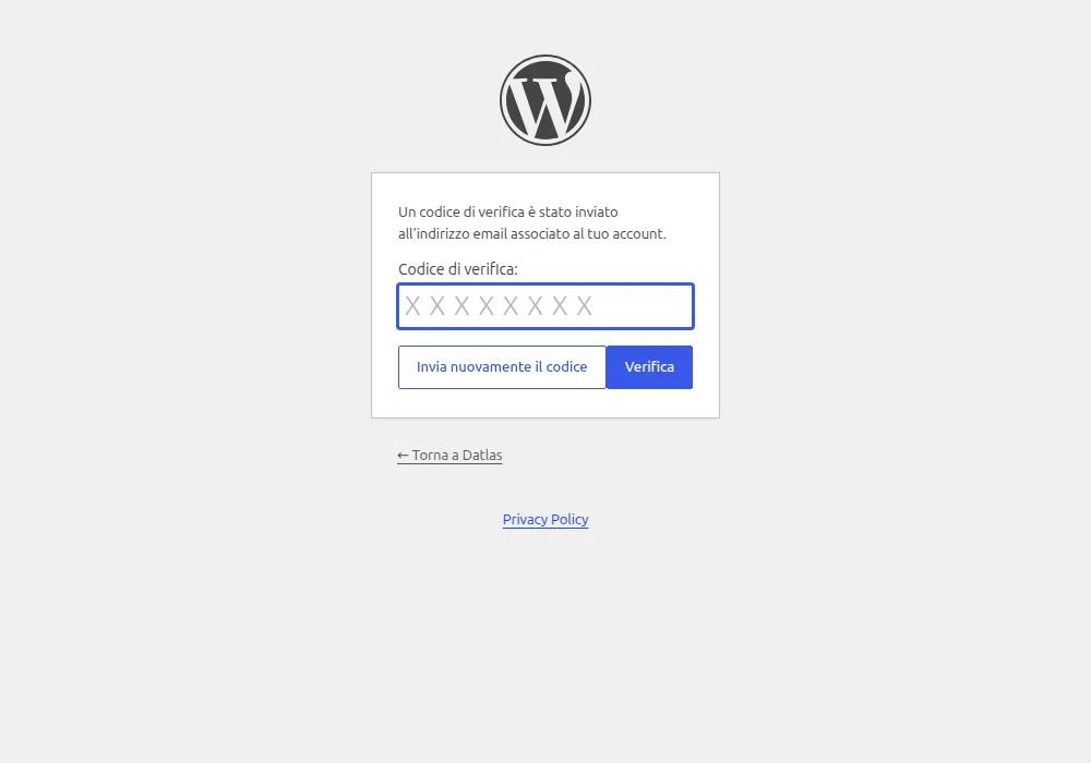 Schermata di login WordPress con richiesta del codice di verifica per l'autenticazione a due fattori